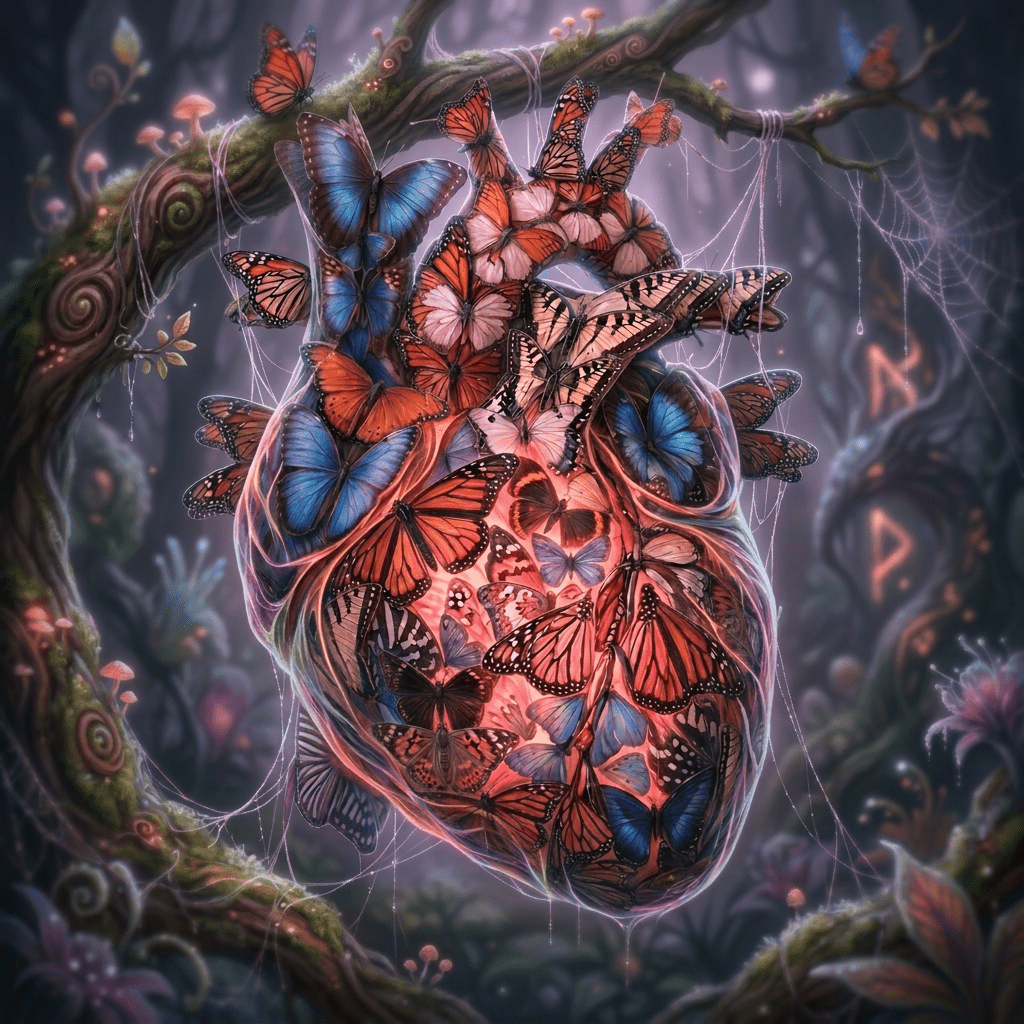 Anatomical heart sculpture adorned with various colorful butterflies